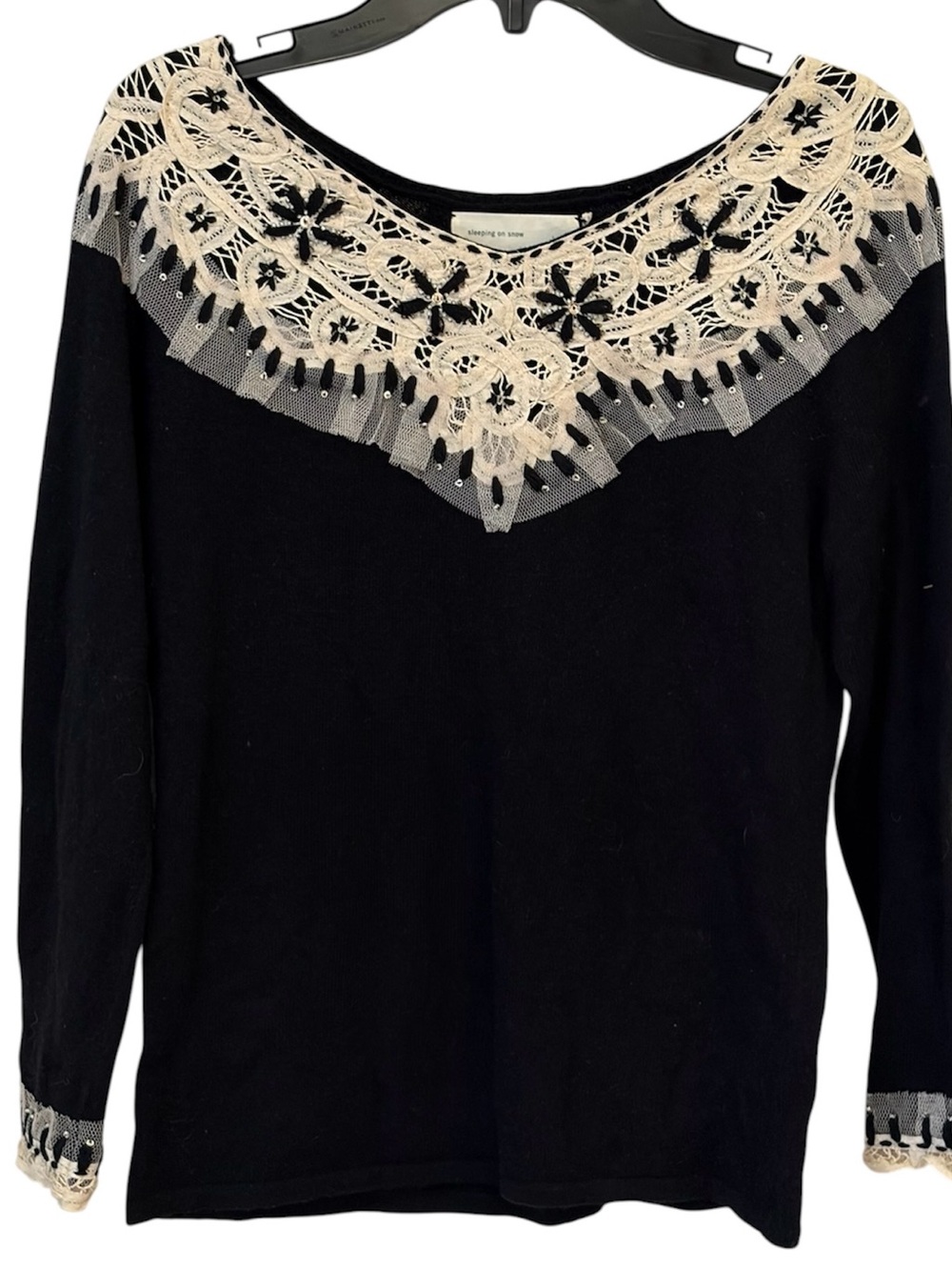 Sleeping on Snow embellished black sweater w/lace, beads, sequins & tulle.